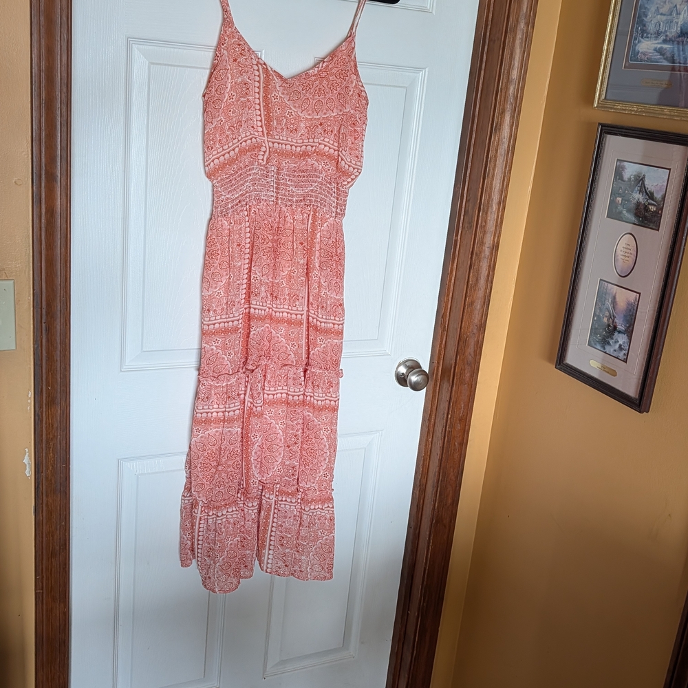 Coral Printed Smocked Waist Maxi Dress with Spaghetti Straps